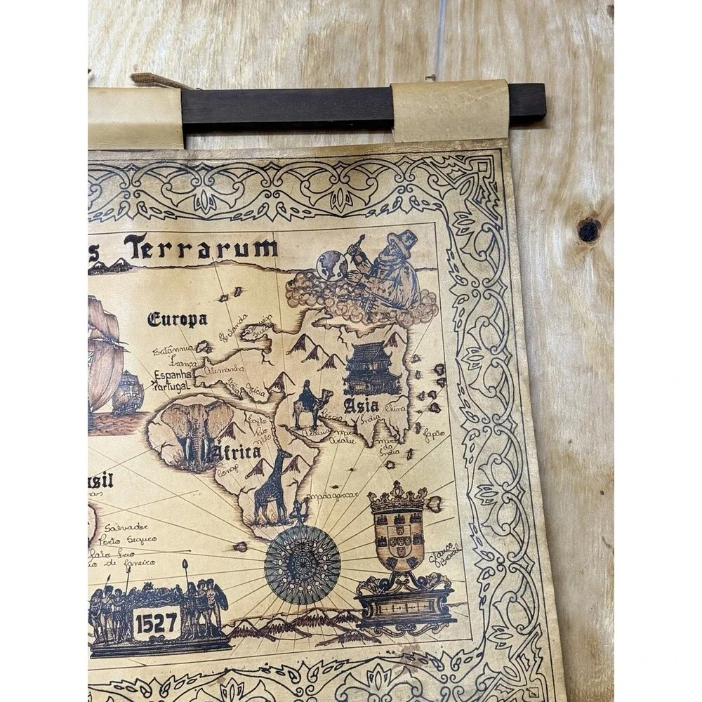 Vintage Leather World Map Wall Hanging decor Orbis Terrarum 1527 Pyrography 29.5